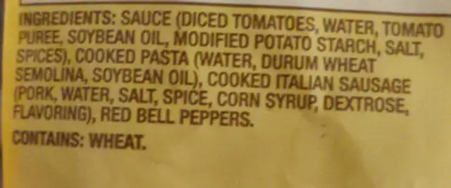 Italian sausage with rigatoni and bell peppers ingredients label