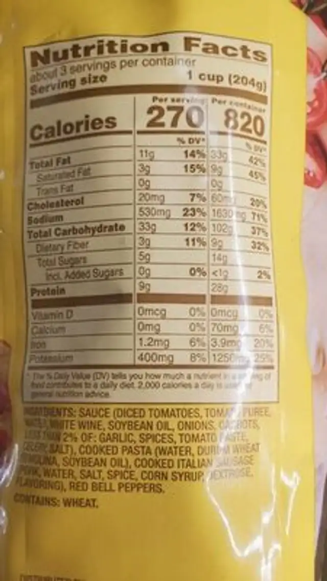 Italian sausage with rigatoni and bell peppers nutrition facts table