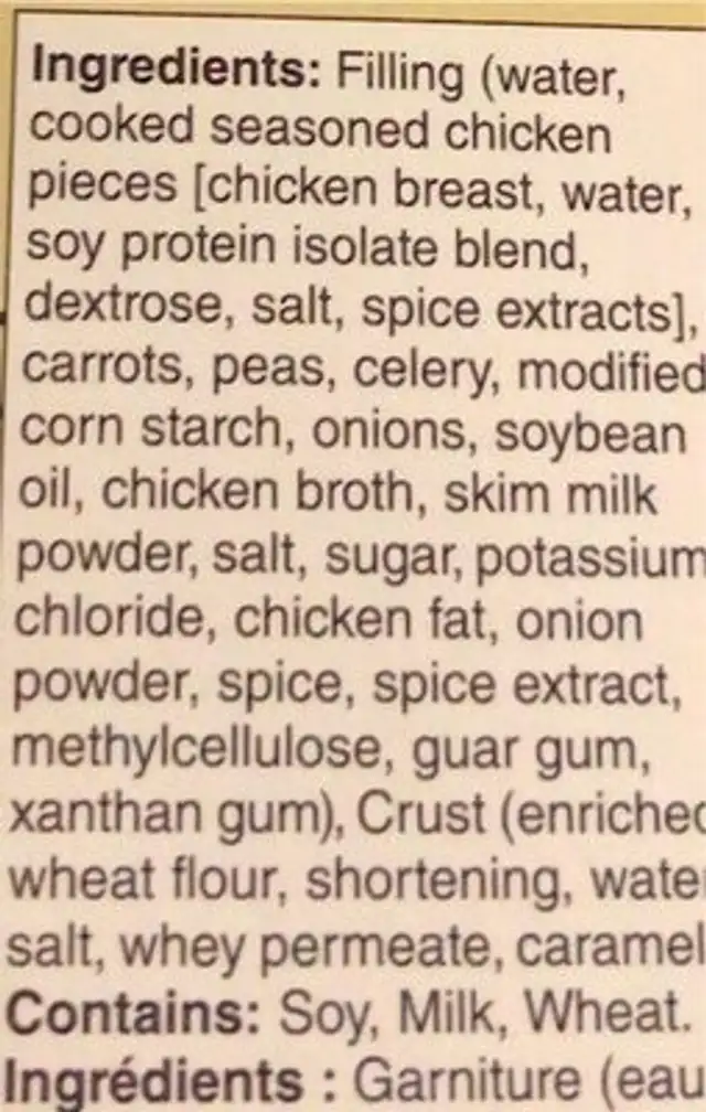 Chicken Pot Pie ingredients label