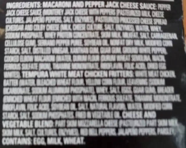 Chicken jalapeno pepper mac 'n cheese ingredients label
