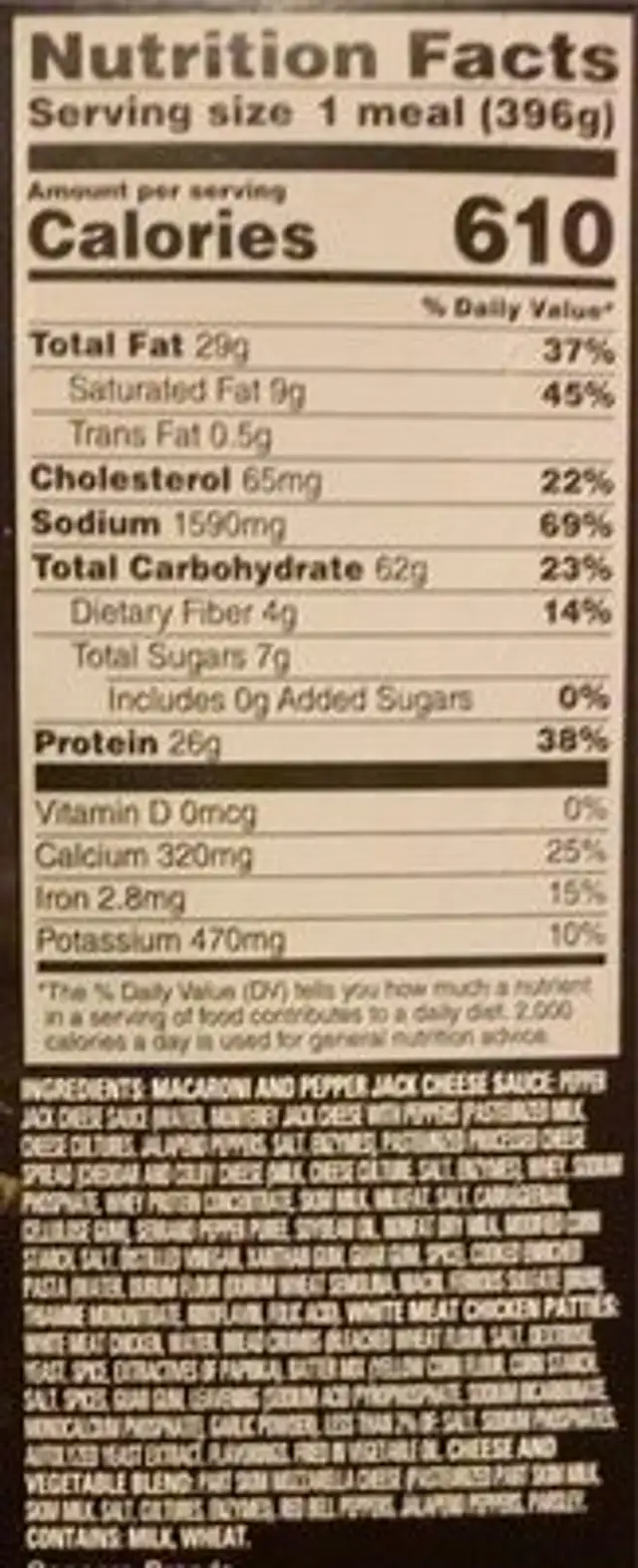 Chicken jalapeno pepper mac 'n cheese nutrition facts table