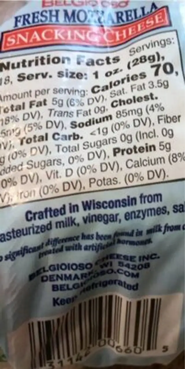 Fresh Mozzarella Snacking Cheese nutrition facts table
