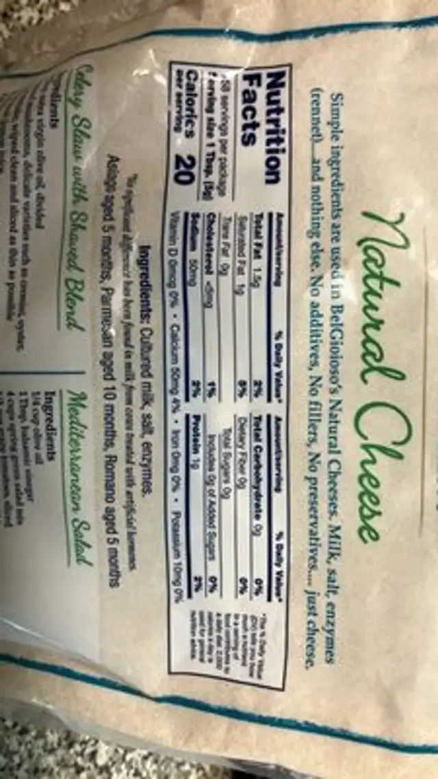 Shaved Blend Natural Cheese nutrition facts table