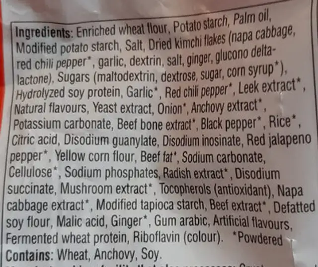 Kimchi Ramyun ingredients label