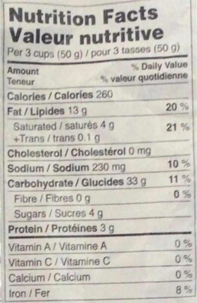 Cuttlefish Snack nutrition facts table