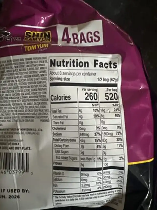 Shin Ramyun - Tom Yum Flavor nutrition facts table