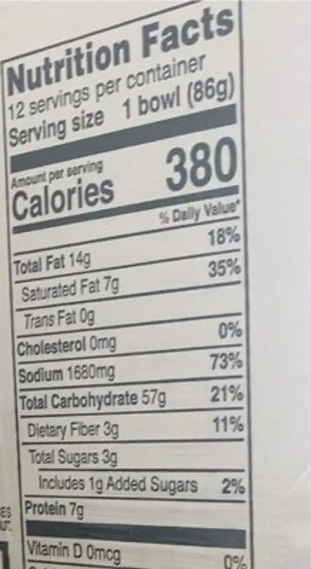 Shin bowl noodle soup nutrition facts table