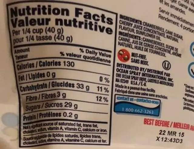 Craisins nutrition facts table