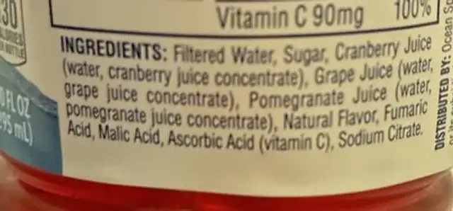 Cran Pomegranate ingredients label
