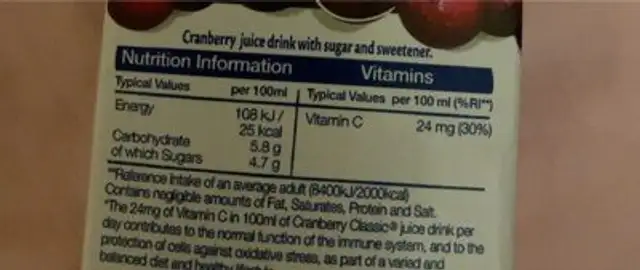 cranberry classic nutrition facts table