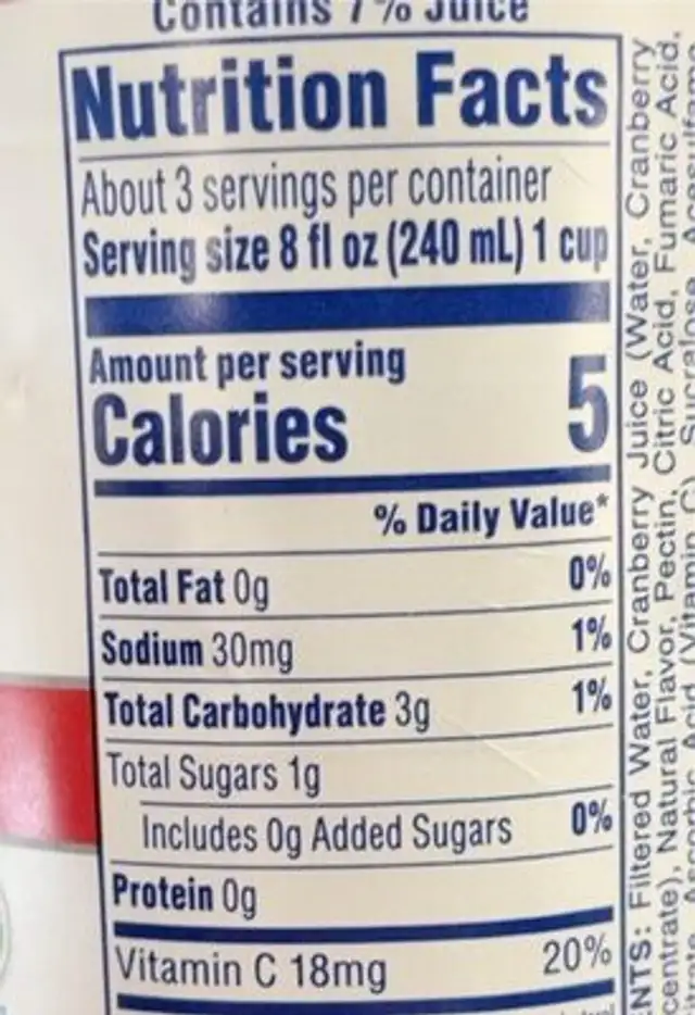 Diet Cranberry Juice nutrition facts table