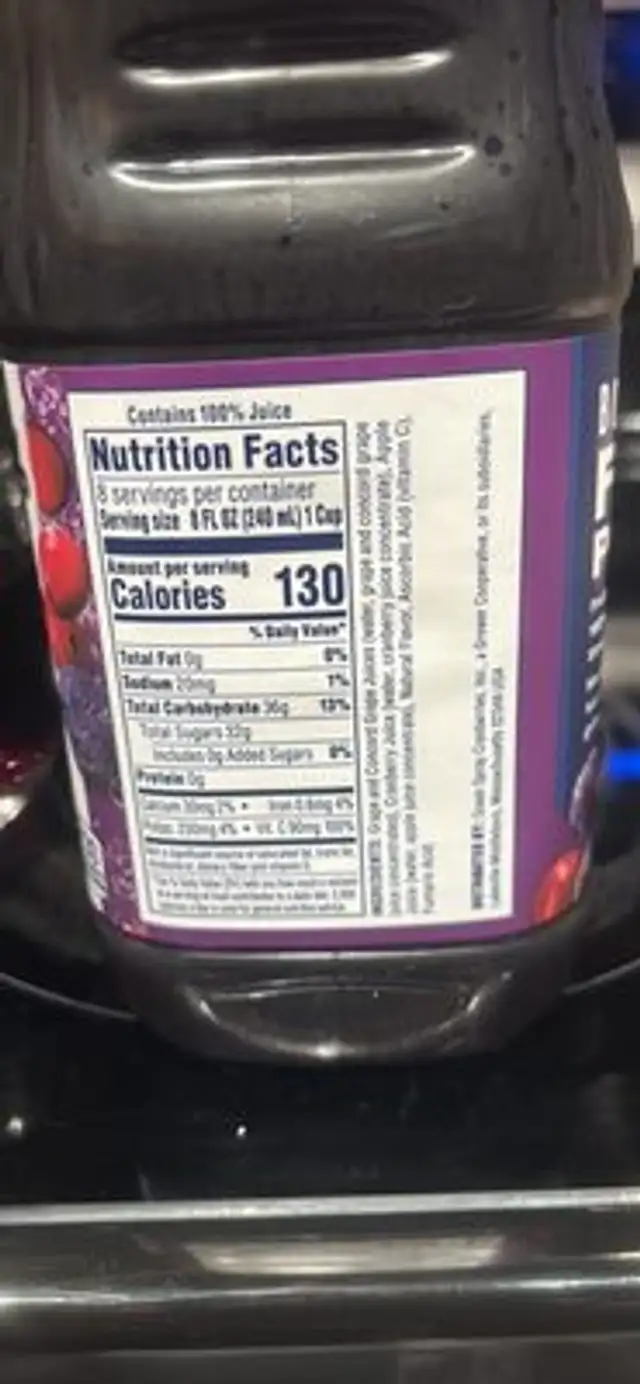 100% JUICE CRANBERRY CONCORD GRAPE nutrition facts table