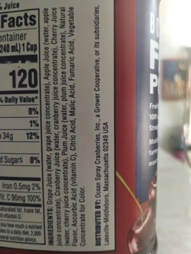 Cranberry cherry juice ingredients label