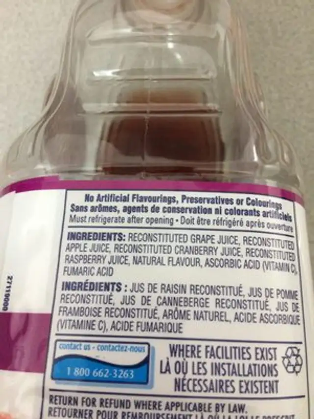 Cranberry Raspberry 100% Juice Blend ingredients label