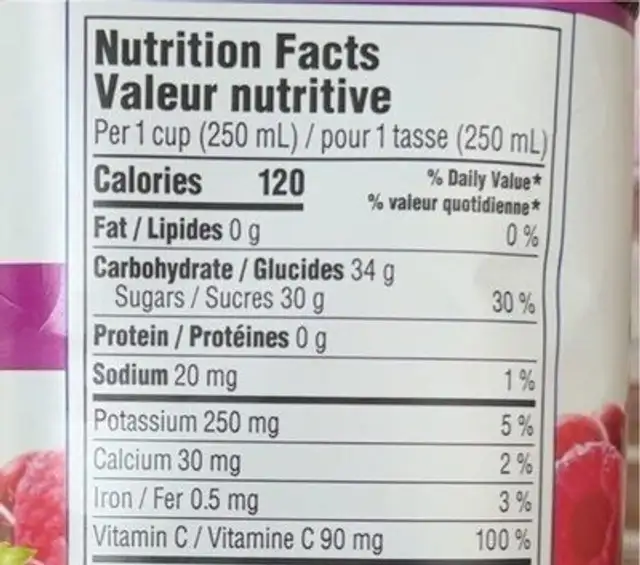 Cranberry Raspberry 100% Juice Blend nutrition facts table