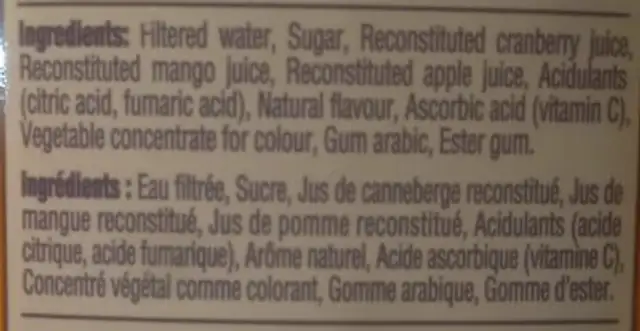 Cranberry Mango Cocktail ingredients label