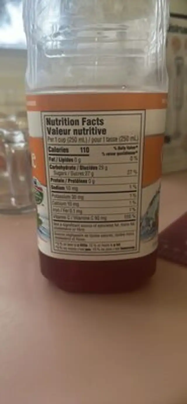 Cranberry Mango Cocktail nutrition facts table