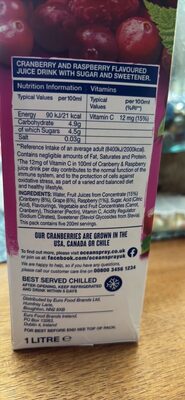 Cranberry and Raspberry Flavoured Juice Drink with Sugar and Sweetener front packaging