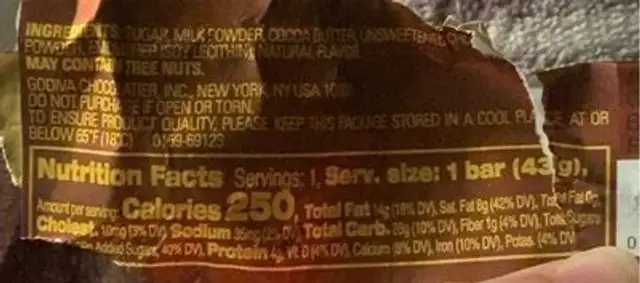 MILK CHOCOLATE nutrition facts table
