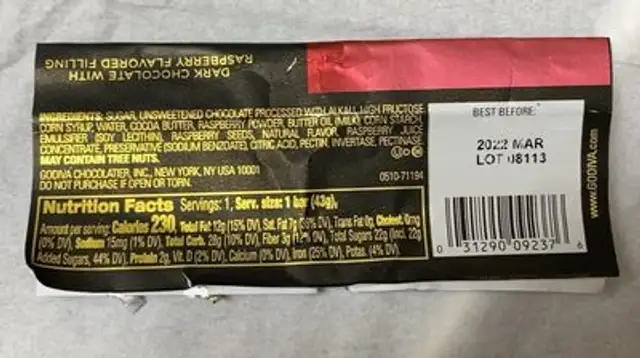 Dark chocolate with raspberry bar nutrition facts table