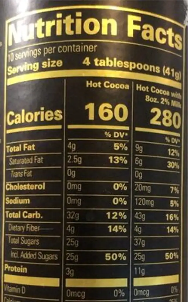 Dark chocolate hot cocoa canister nutrition facts table