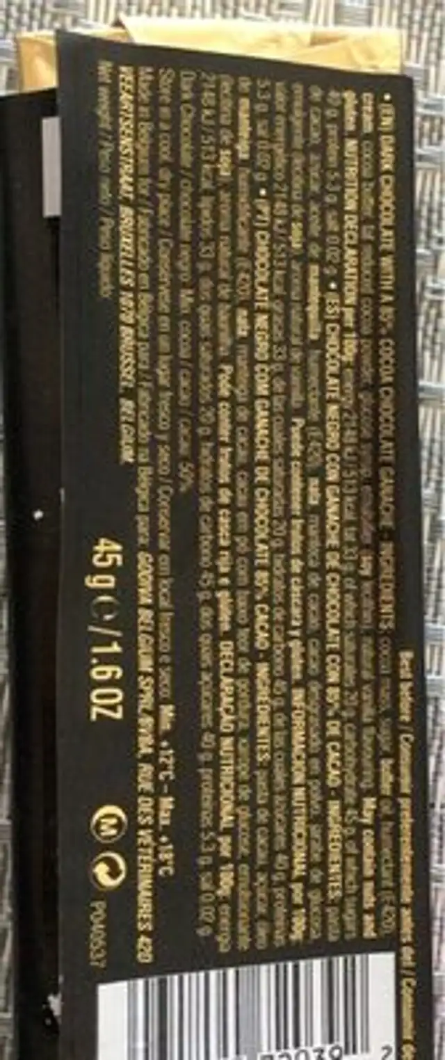 Dark chocolate con 85% chocolate ganache nutrition facts table