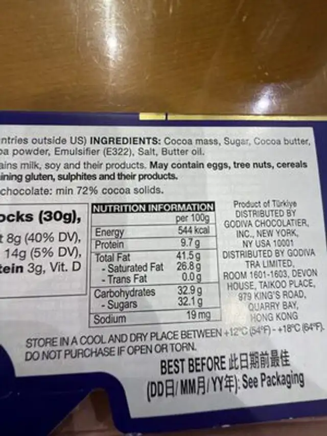 72% Cacao Dark Chocolate nutrition facts table