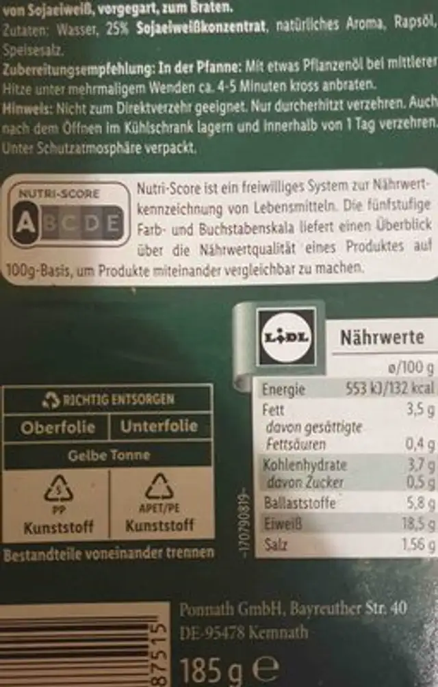 Veganes Erzeugnis nach Art von Geschnetzeltem Typ Hähnchen nutrition facts table