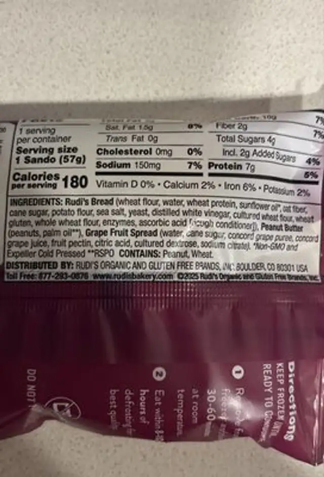 Peanut butter and grape spread ingredients label
