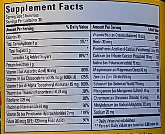 Advanced Multi For Him nutrition facts table