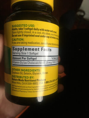 Vitamin D3 1000 IU ingredients label