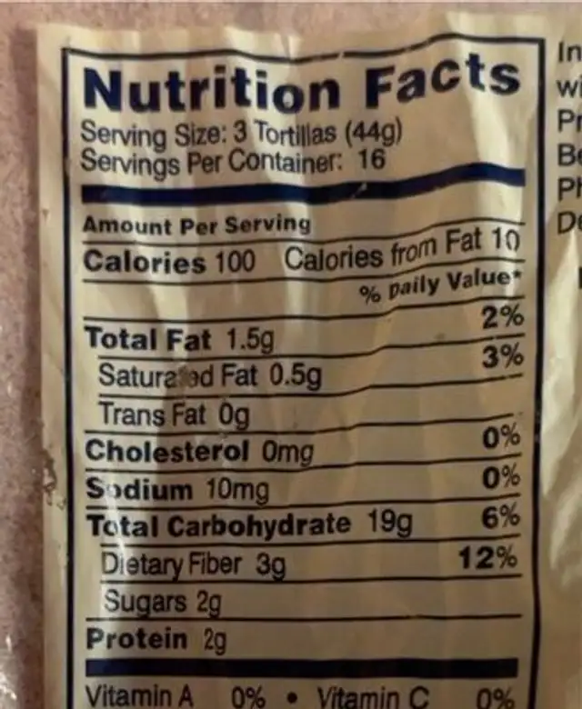 Corn Tortilla nutrition facts table