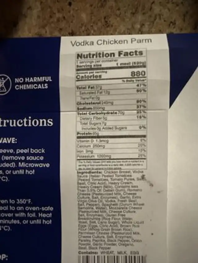 Vodka Chicken Parm nutrition facts table