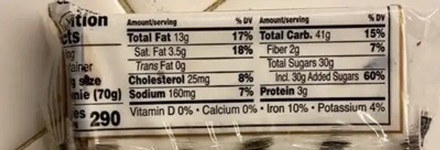 Iced Chocolate Brownie nutrition facts table