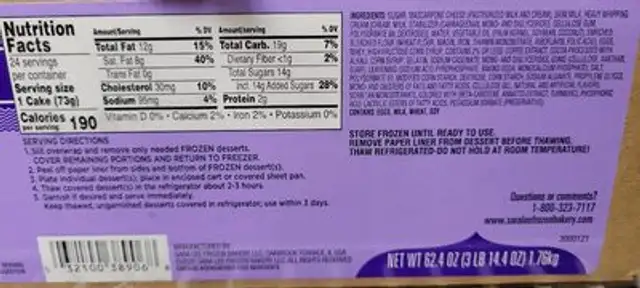 Tiramisu nutrition facts table