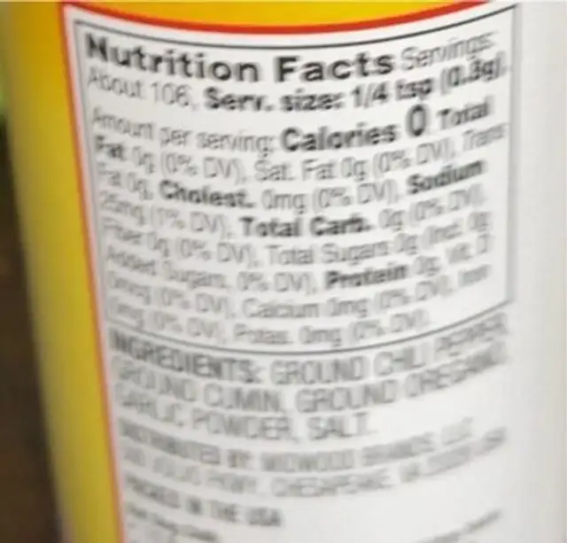 Chili powder nutrition facts table