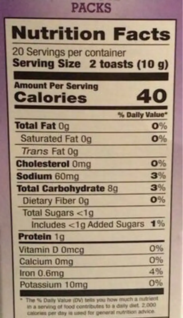 Meiba Toast Original nutrition facts table