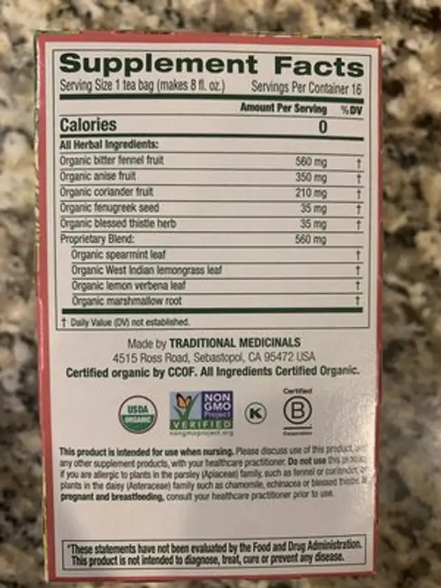 Organic Mother's Milk ingredients label