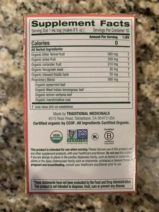 Organic Mother's Milk nutrition facts table