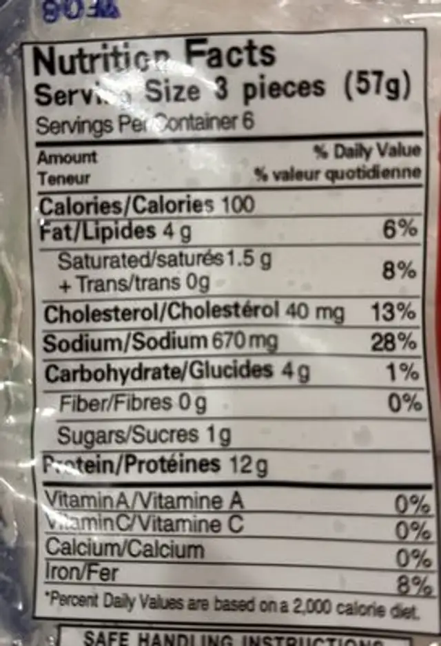 Beef and tendon meatballs nutrition facts table
