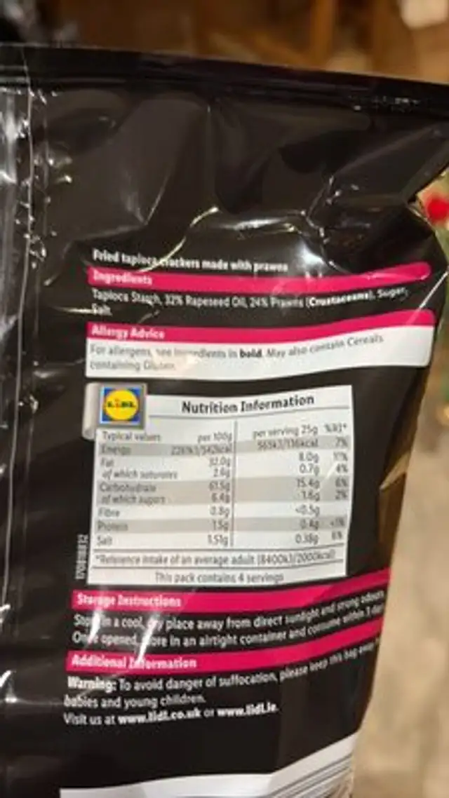 Kew Look Same Great Tast Snack Day Prawn CRACKER 1 ingredients label
