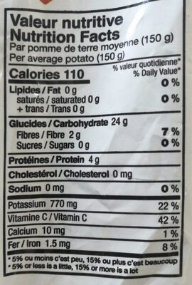 Russet pomme de terre lavé nutrition facts table