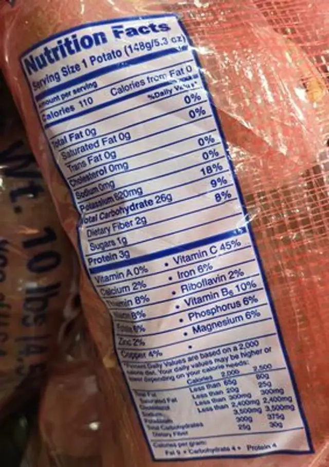 Organic Baking Potatoes nutrition facts table