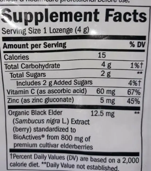 Sambucus Elderberry Zinc Lozenges nutrition facts table
