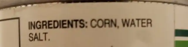 Whole kernel corn ingredients label