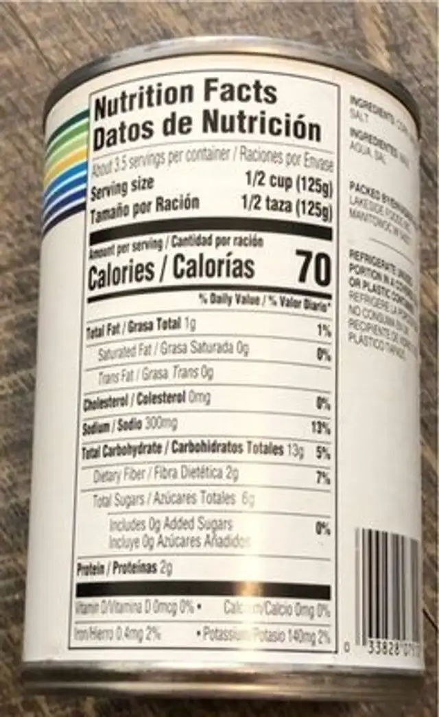 Whole kernel corn nutrition facts table