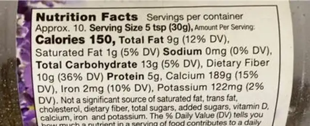 Chia Seed nutrition facts table