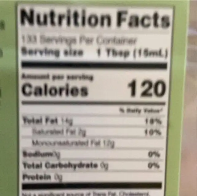 Extra Virgin Olive Oil nutrition facts table
