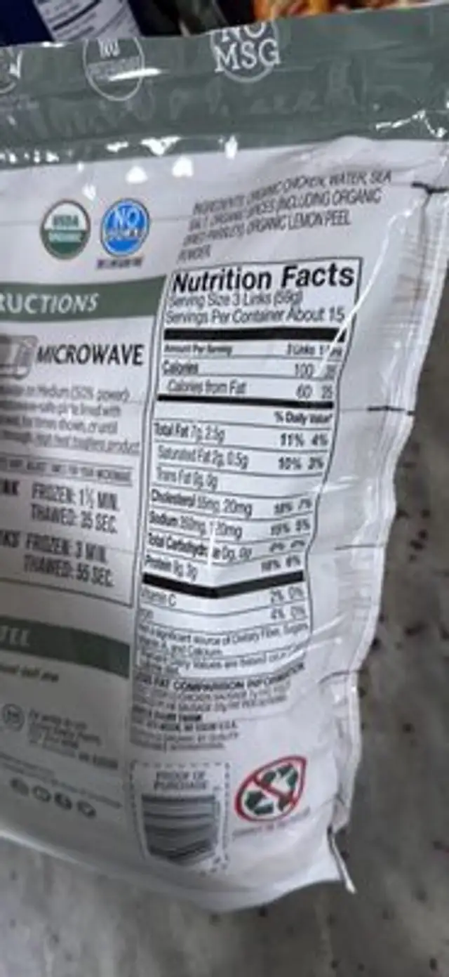 Organic Chicken Sausage nutrition facts table
