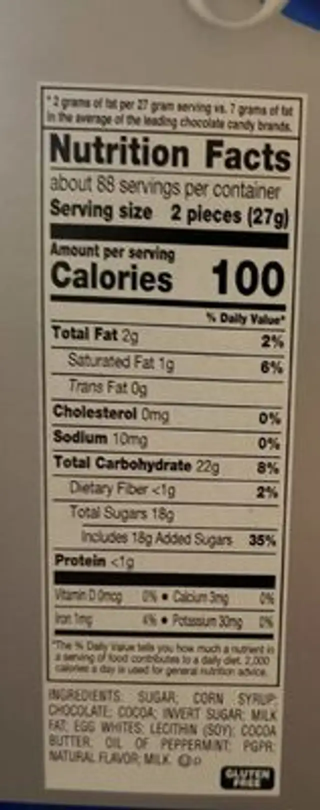 York peppermint patties box nutrition facts table